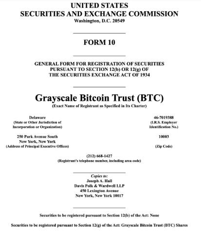 Grayscale比特币信托基金再传利好！已成功向SEC完成注册